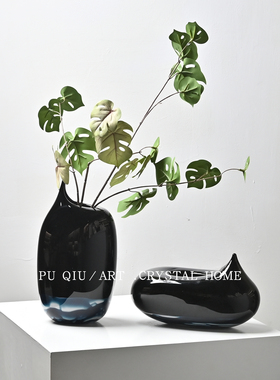 简约中式黑色玻璃花瓶家用客厅摆件插花书房书桌水养绿植花瓶装饰