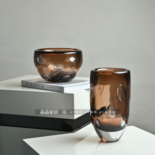 简约家居桌面琥珀色玻璃花器样板间餐厅台面装 饰花瓶客厅摆件花器