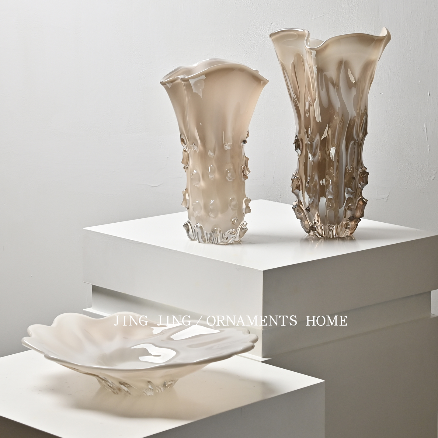 奶油风褐色玻璃花瓶果盘组合家居餐厅边柜摆放插花瓶茶几收纳果盘