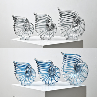 复古海螺灰蓝色条纹透明玻璃厚重花瓶居家家具搭配艺术插花器摆件