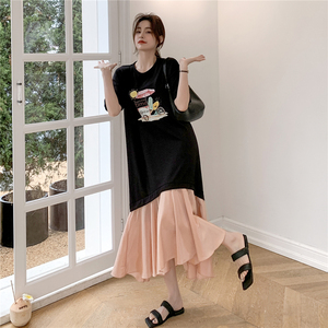 RM12911#夏新款/大码宽松长款假两件印花鱼尾裙t恤连衣裙女