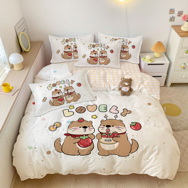 可爱土拨鼠床上四件套卡通儿童房纯棉床单被套学生宿舍单人三件套
