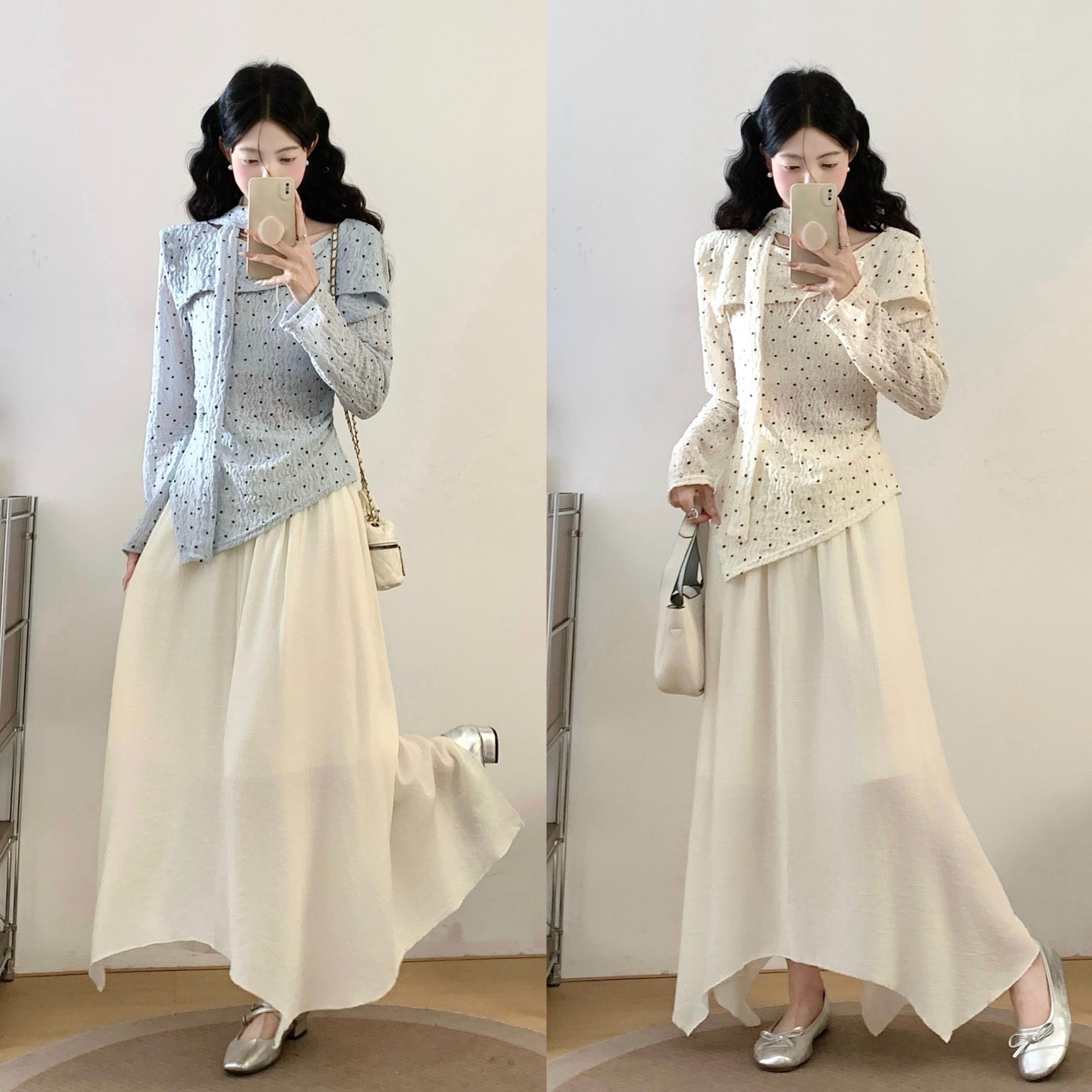 实拍韩系波点喇叭袖长春新款大码胖mm不规则上衣加半身裙套装,女装/女士精品,大码套装,淘宝优惠券,粉丝福利购,淘宝优惠卷
