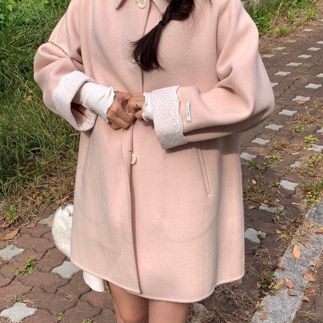 chic 韩系冬季温柔甜美减龄气质花边设计感宽松百搭毛呢外套大衣