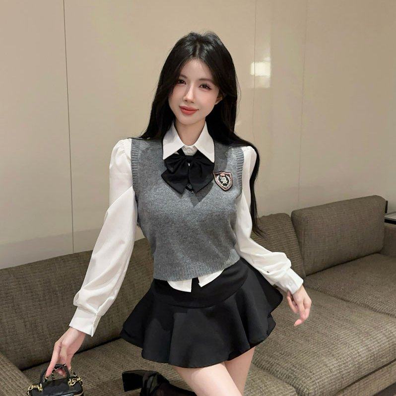 实拍实价 韩系学院风三件套装领带衬衫针织马甲背心半身蓬蓬裙裤,女装/女士精品,时尚套装,淘宝优惠券,粉丝福利购,淘宝优惠卷