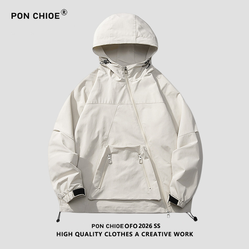ponchioe春季连帽防风工装套头夹克男青年宽松休闲户外冲锋衣潮流