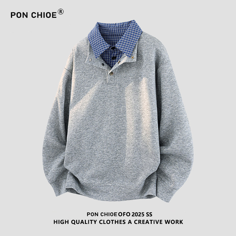 ponchioe假两件卫衣男款春季美式宽松衬衫领男潮牌拼接长袖Polo衫