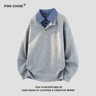 ponchioe假两件卫衣男款春季美式宽松衬衫领男潮牌拼接长袖Polo衫