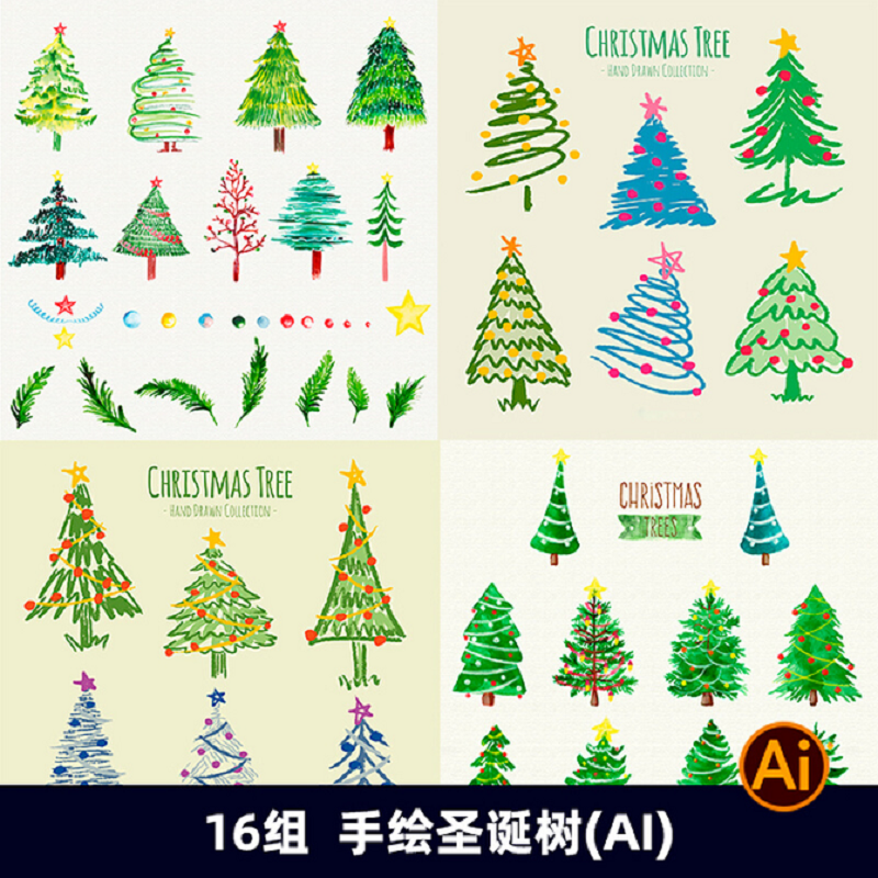 2653卡通手绘圣诞节简约线条圣诞树植物装饰元素插画AI设计素材图