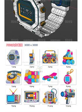 复古用品电子产品电视座机电话磁带手表3d立体插图c4d模型f