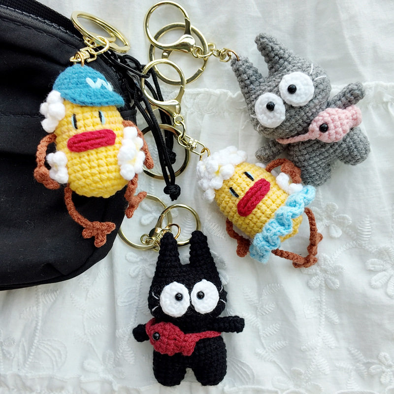 成品手工毛线钩织爆米花罗小黑猫咪书包包挂件玩偶可爱卡通钥匙扣