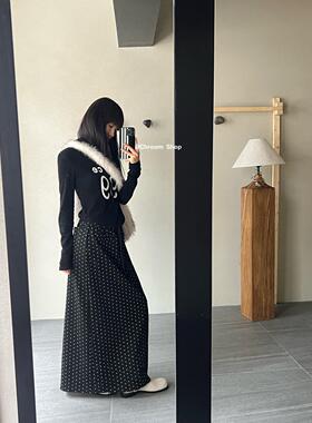 复古黑色波点半身裙女2024秋冬新款高级感百搭修身显瘦直筒长裙