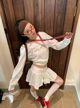 美式学院风套装女2024秋冬新款休闲字母套头卫衣百褶半身裙两件套