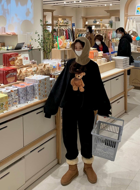 韩国东大门21AW小熊加绒卫衣卫裤套装女韩版宽松休闲运动两件套潮