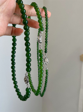 显白绿色玉髓翡翠色系串珠项链 元宝扣新中式复古锁骨链女 颈链
