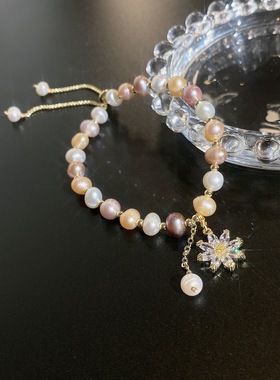 太阳花天然珍珠手链小众设计韩国东大门女生闺蜜水晶花朵手饰夏季
