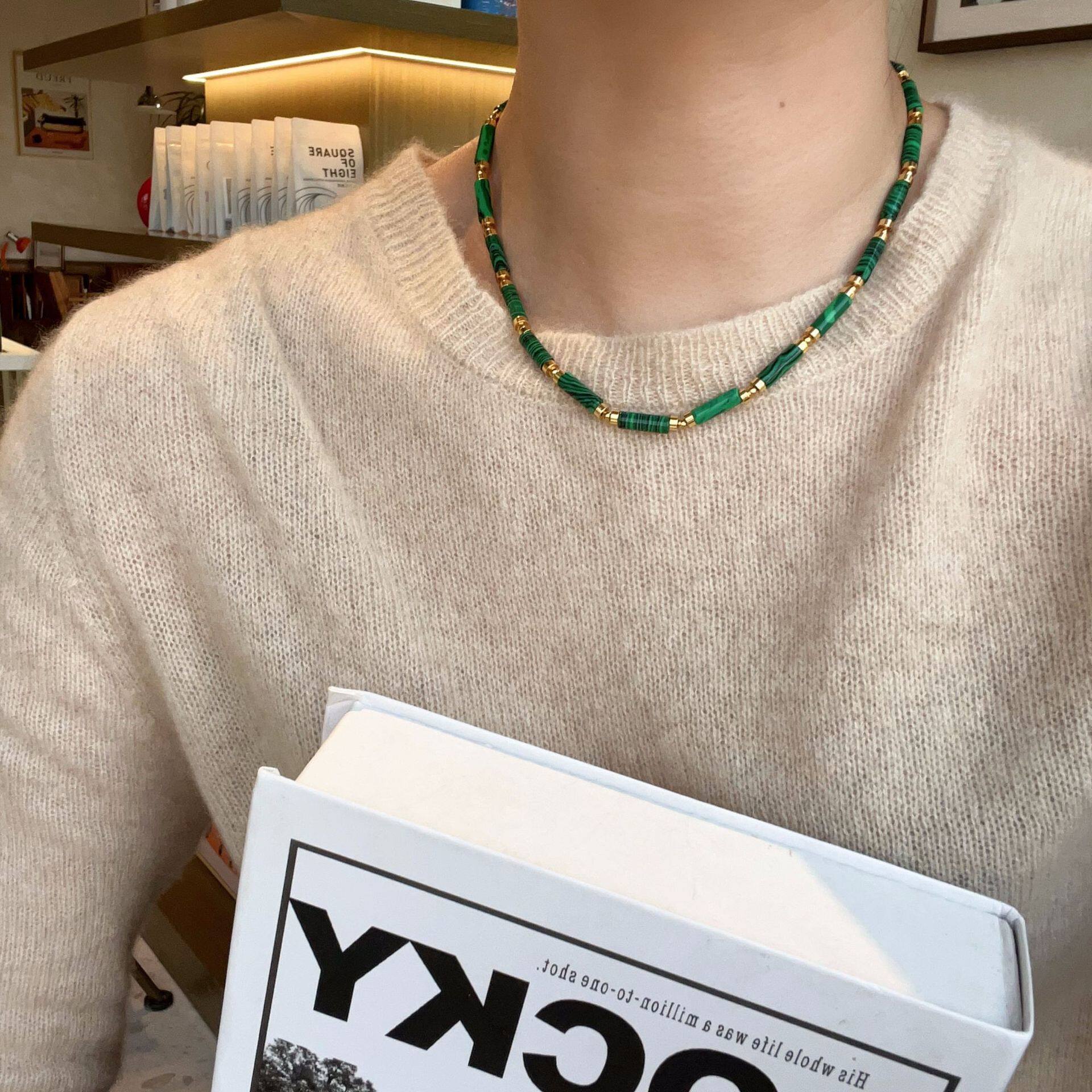 媛优天然石欧美小众设计琥珀竹节项链棕色串木头锁骨链孔雀石项链
