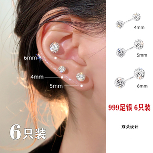 爆闪！999纯银前后双珠钻球耳钉2024爆款高级感耳骨钉耳饰女耳环