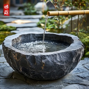 黑山石水钵石雕流水户外庭院景观日式喷泉造景石盆户外园林流水池