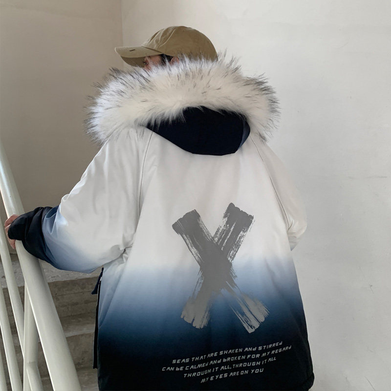 ！冬季潮牌渐变中长款棉衣男女情侣加厚保暖棉服外套Y333P138图片