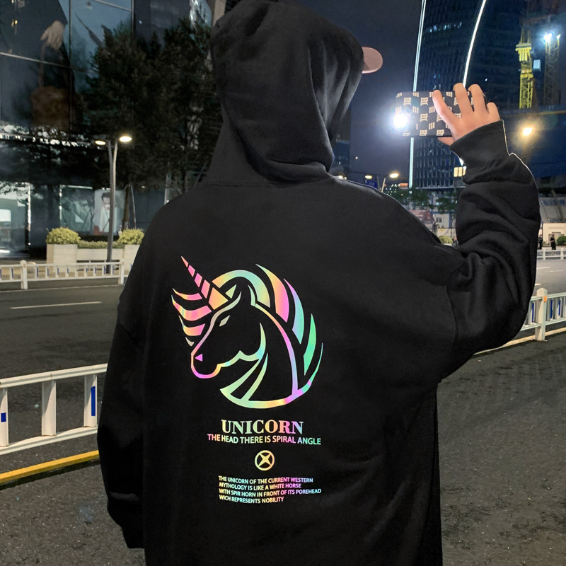 ！港风七彩反光卫衣男大码连帽宽松夜光上衣外套WY202P45图片