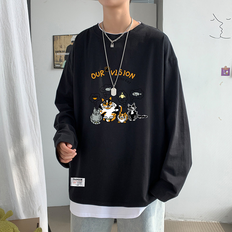 ！点击率6%秋季假两件长袖T恤男纯棉港风宽松男卫衣W902P35,男装T恤,电商B220