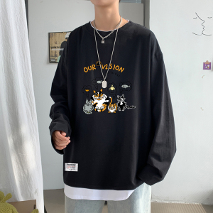 ！ 点击率6% 秋季假两件长袖T恤男纯棉港风宽松男卫衣W902P35图片