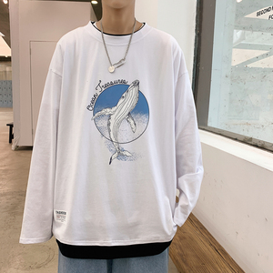 100%纯棉 主推 早秋百搭假两件长袖T恤男港风宽松体恤W903P35图片