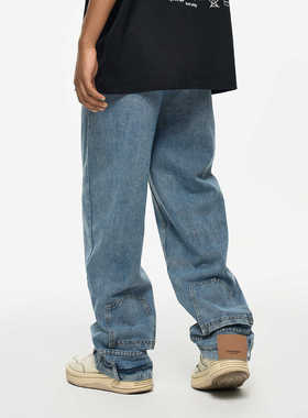 YORAINBOW 美式复古水洗反穿口袋设计牛仔裤男女宽松倒装裤小众潮