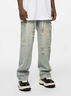 YORAINBOW 水洗破洞牛仔裤男高街潮牌设计感小众直筒宽松百搭阔腿