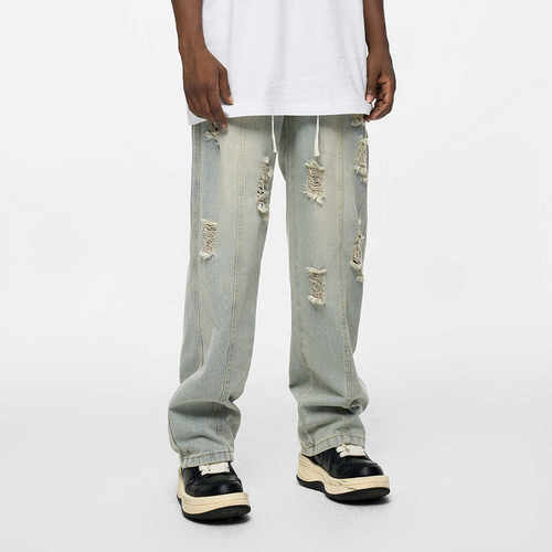 百搭破洞设计感直筒高街牛仔裤