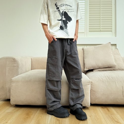 YORAINBOW 秋冬松紧腰美式石磨水洗复古休闲裤男女直筒宽松工装裤