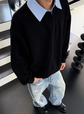 YORAINBOW 春季老钱风条纹翻领长袖卫衣酷飒通勤polo衫松弛感chic