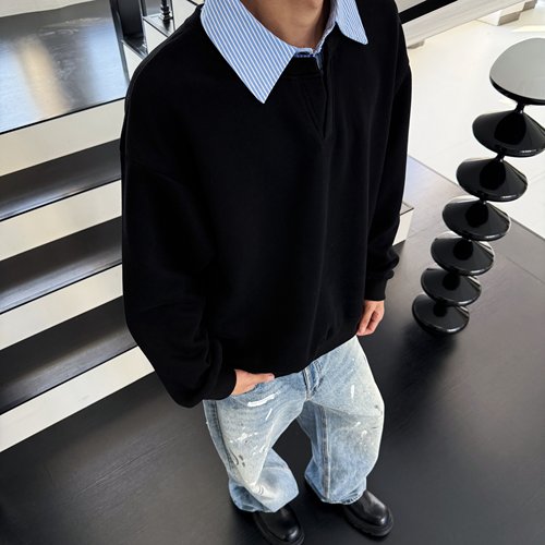 YORAINBOW 秋季老钱风条纹翻领长袖卫衣酷飒通勤polo衫松弛感chic