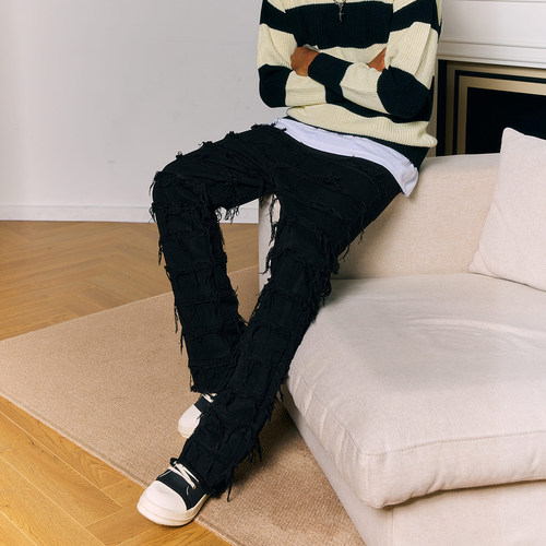 YORAINBOW毛边微喇牛仔裤