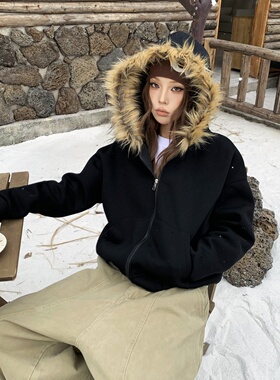 YORAINBOW毛领连帽卫衣外套开衫潮牌拉链松弛感宽松情侣外套保暖