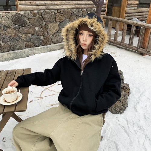 YORAINBOW毛领连帽卫衣外套