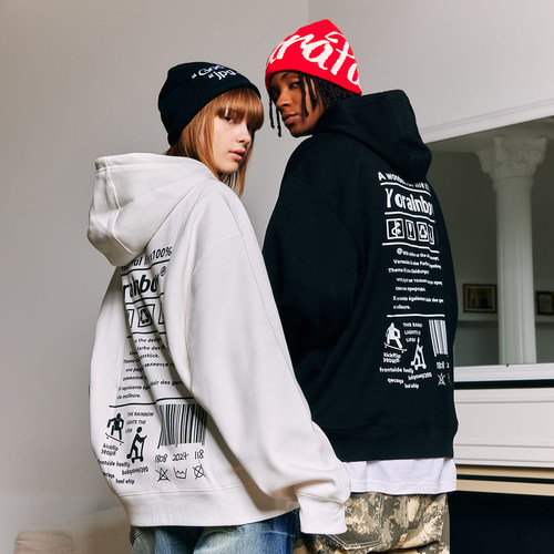 YORAINBOW 秋冬新款美式街头文字标语卫衣连帽卫衣薄绒加绒情侣潮