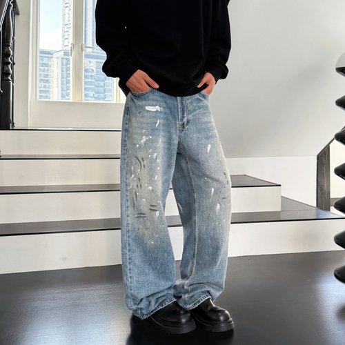 YORAINBOW 泼墨直筒cleanfit水洗牛仔裤美式复古松弛阔腿男女长裤