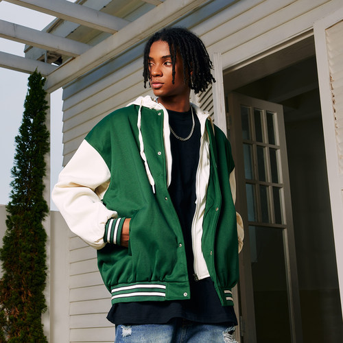 YORAINBOW 冬季新品情侣款假两件连帽撞色棒球服夹克外套男女宽松