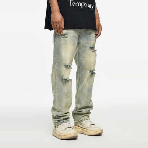 高街做旧直筒美式黄泥染长裤水洗