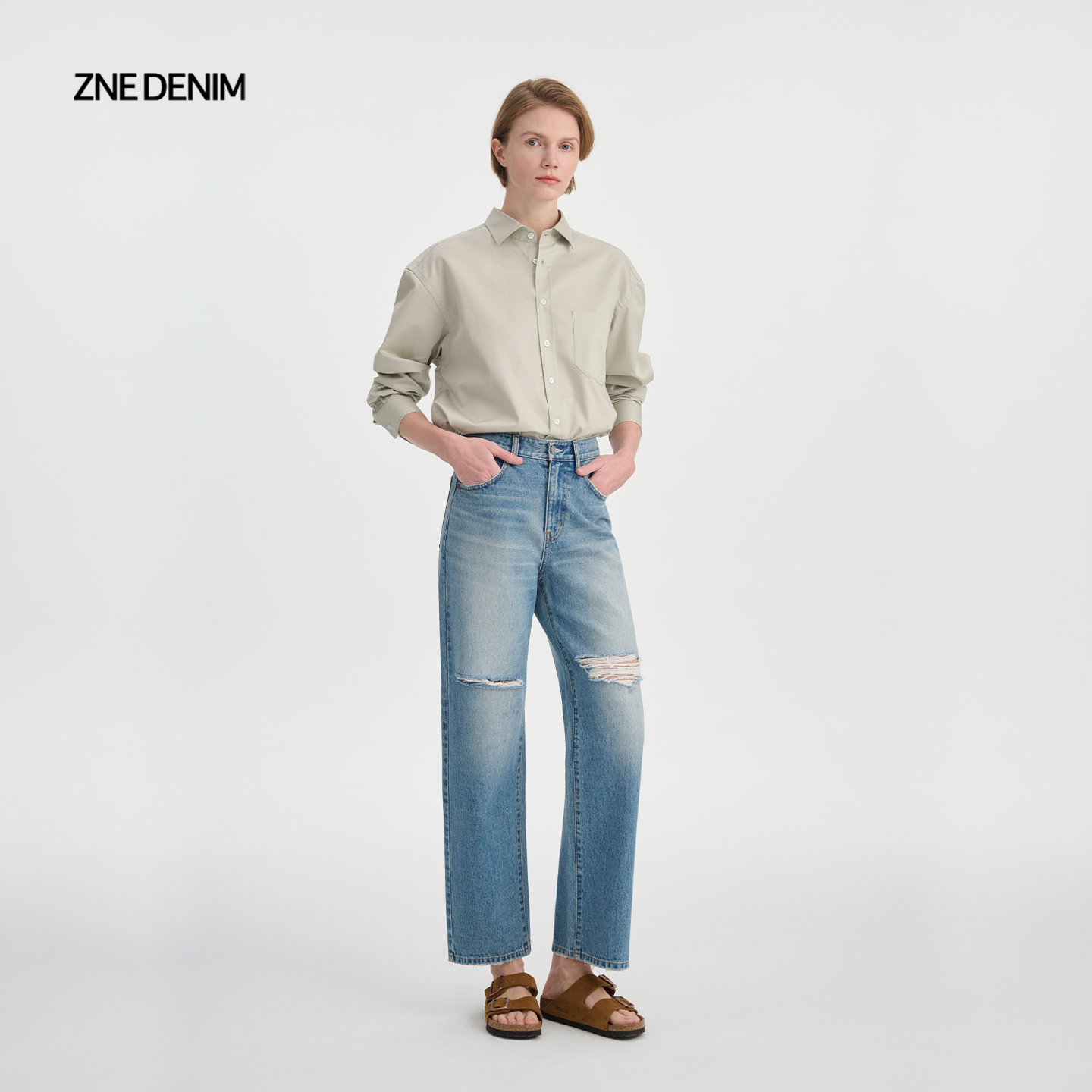 ZNEJeans美式复古精湛质感破洞直筒牛仔裤女1182