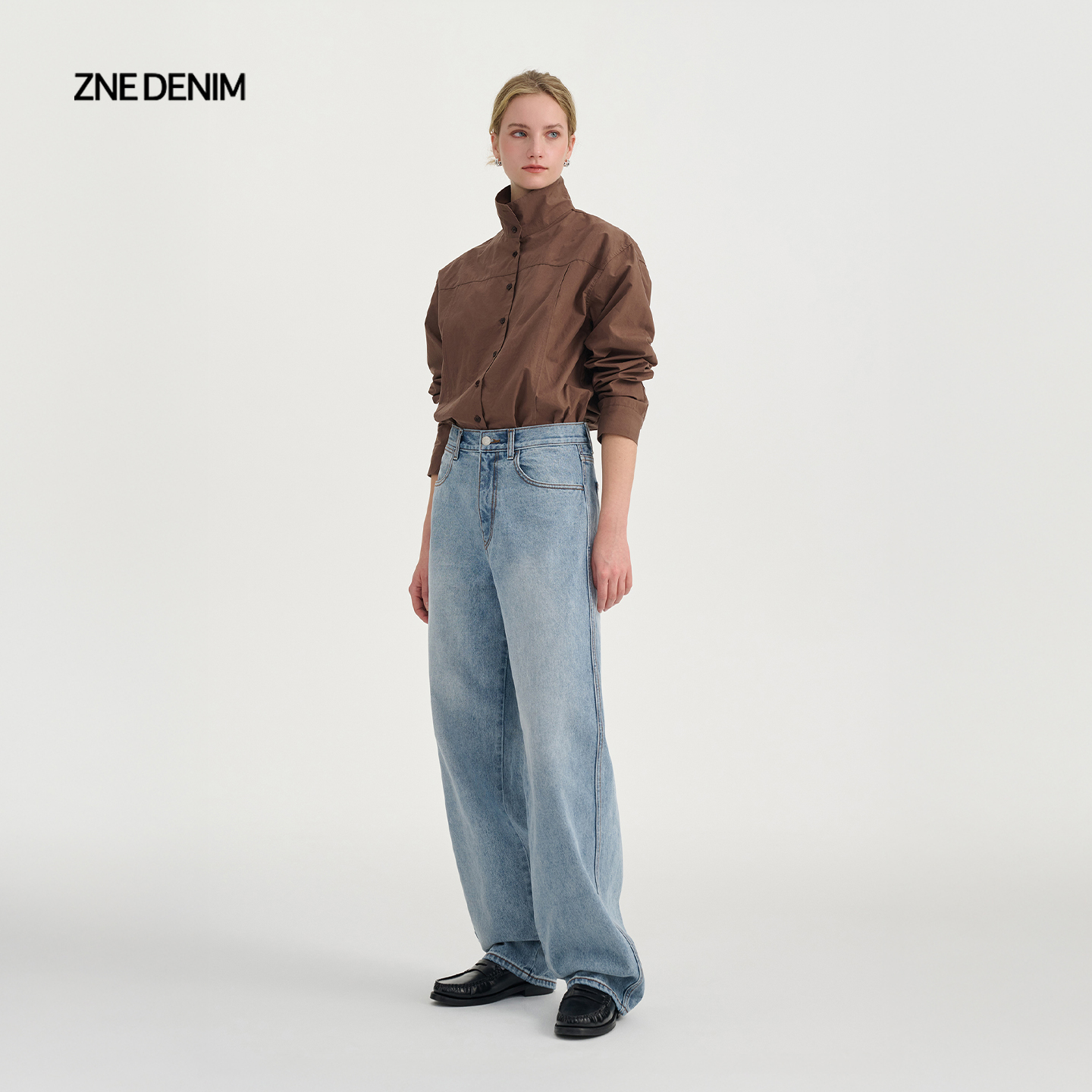 ZNE高腰直筒阔腿牛仔裤