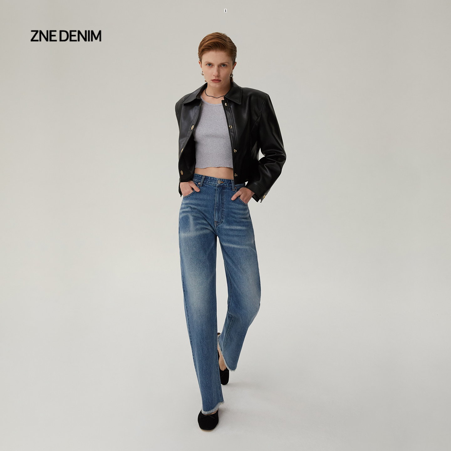 ZNE解构拼接全棉直筒牛仔裤