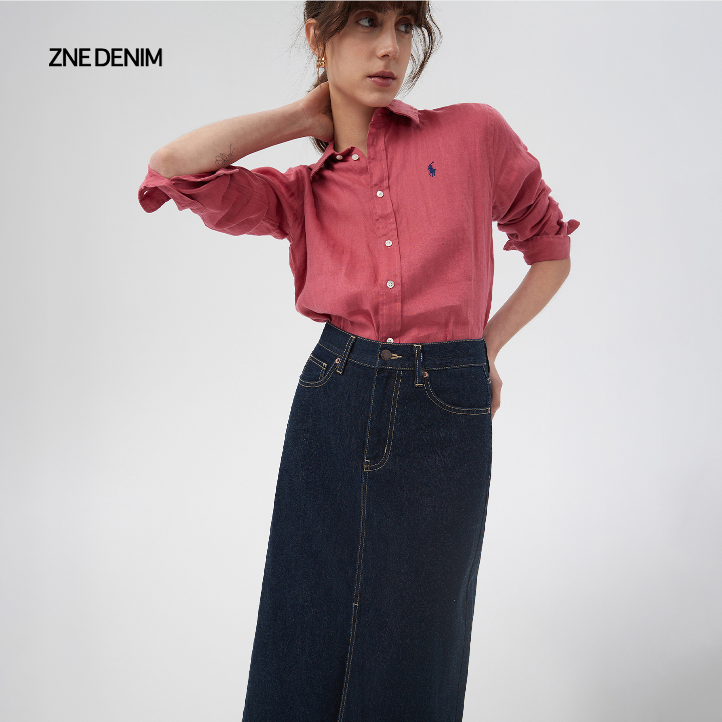 ZNE复古丹宁天丝原色前开衩中长牛仔半裙女812T