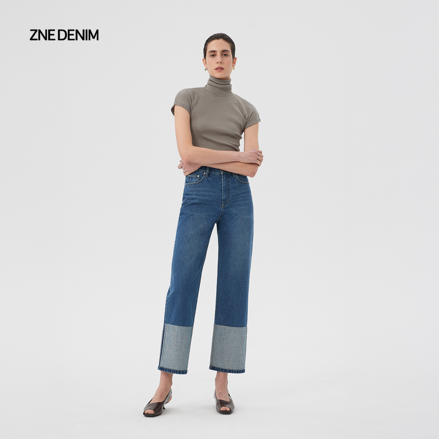 zne复古灰蓝色拼接直筒牛仔裤762