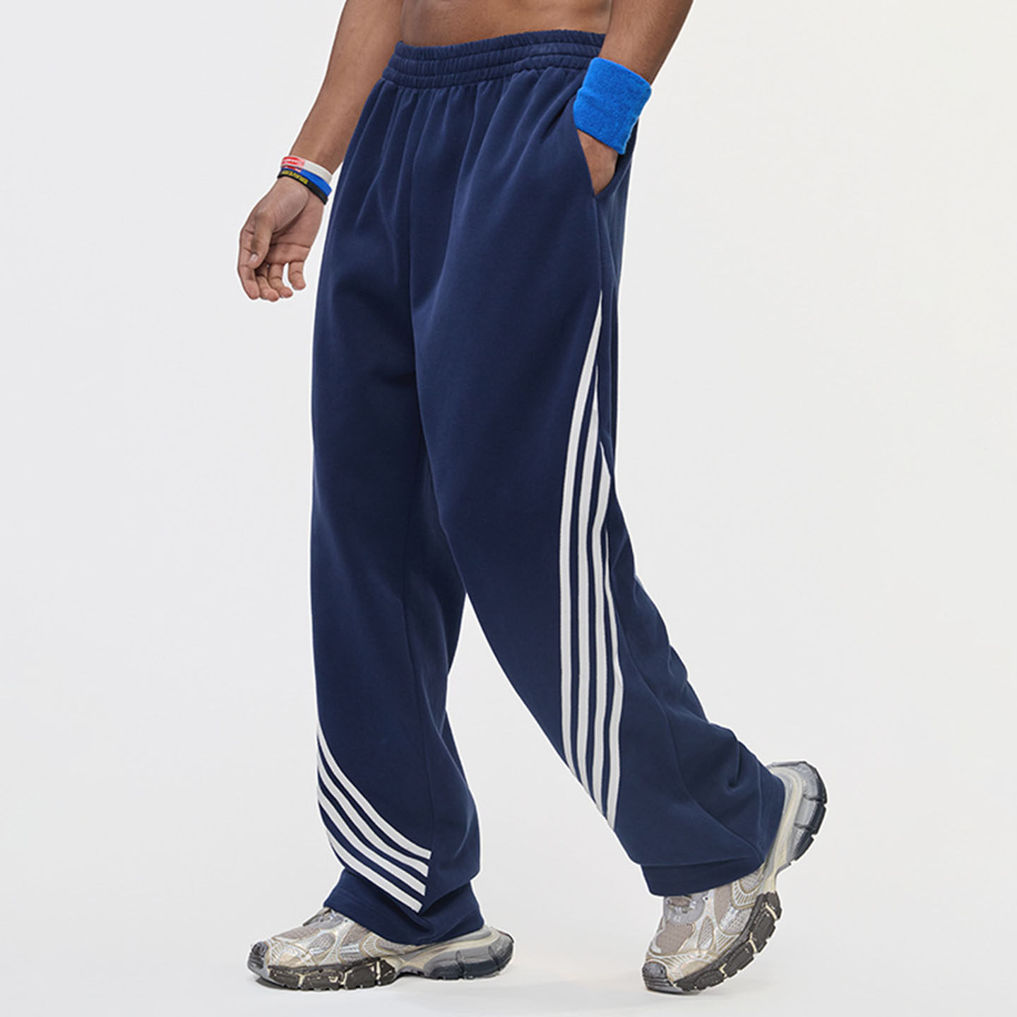 春秋拼接运动贴布条纹撞色男士休闲裤宽松垂感抽绳美式街头阔腿裤