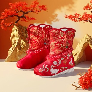 儿童绣花鞋冬女童汉服鞋加绒中国风拜年唐装古风宝宝新年大棉靴子