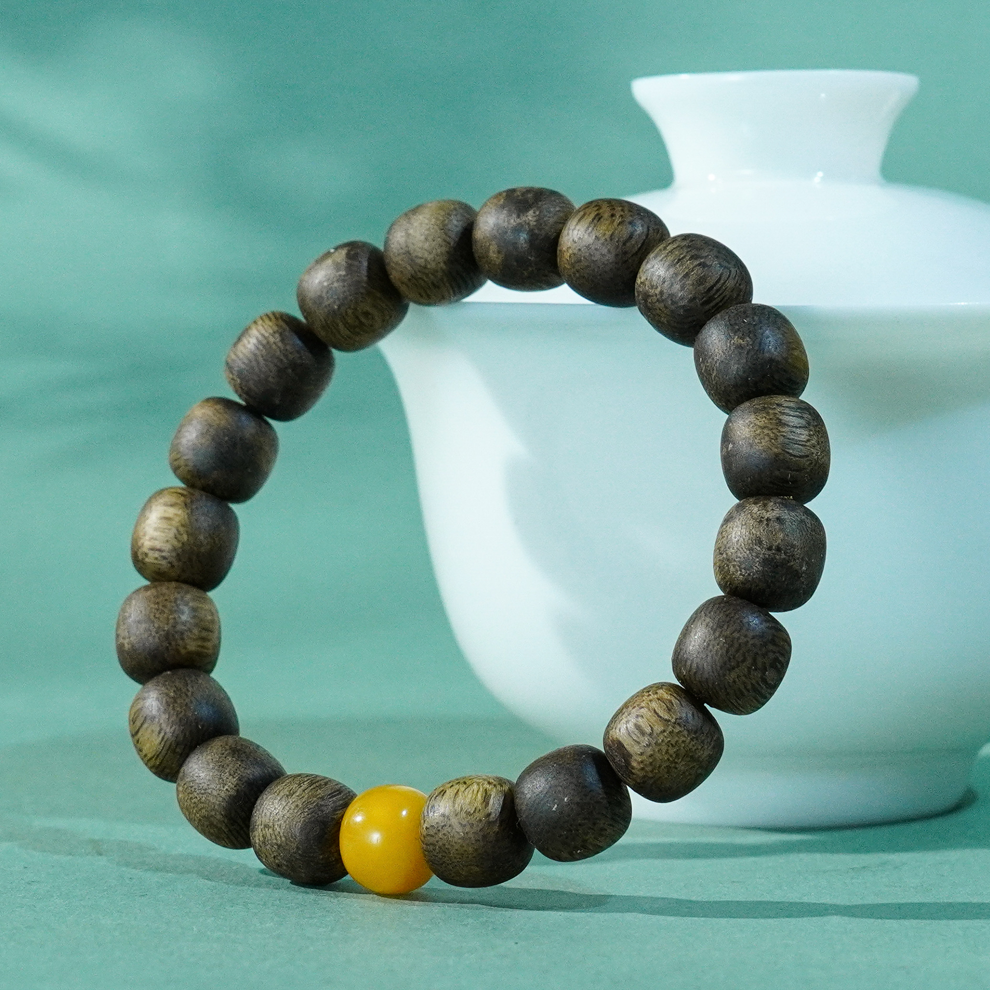 苹果珠绿奇楠沉香手串 蜜蜡配件 10MM 单圈 9分沉 7.5g XCB1049