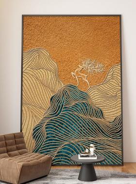 新中式入户玄关装饰画客厅落地画福鹿寓意好高档橙色抽象山水挂画